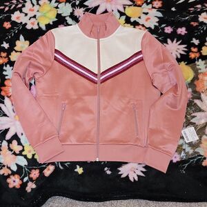 New American Apparel Track Crop Zip Up Jacket Dusty Rose w Trophy Stripe Sz L